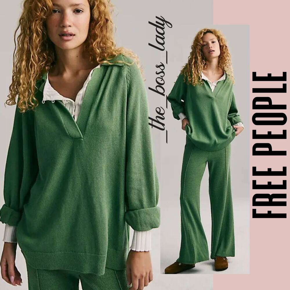 Free People Green V-Neck Sweater Set